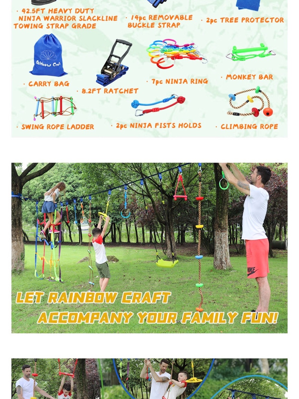 Rainbow Multicolor Ninja Obstacle Course Playset with Rings and Rope Ladder